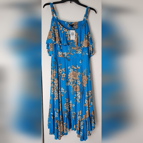 Torrid Floral Cold Shoulder Blue Dress Size 1 Knee Length Summer - Picture 3 of 6